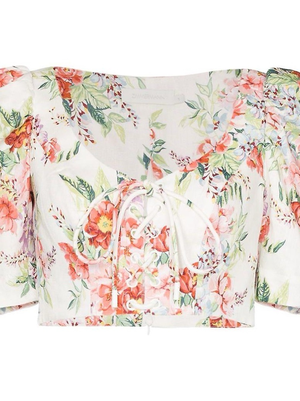 Zimmermann White Crop Top with Coral and Green Floral Print